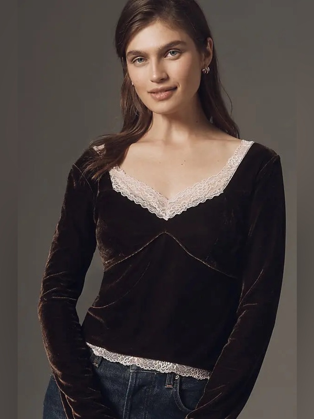 ✨ Anthropologie Velvet Lace V-Neck Top Sz XL